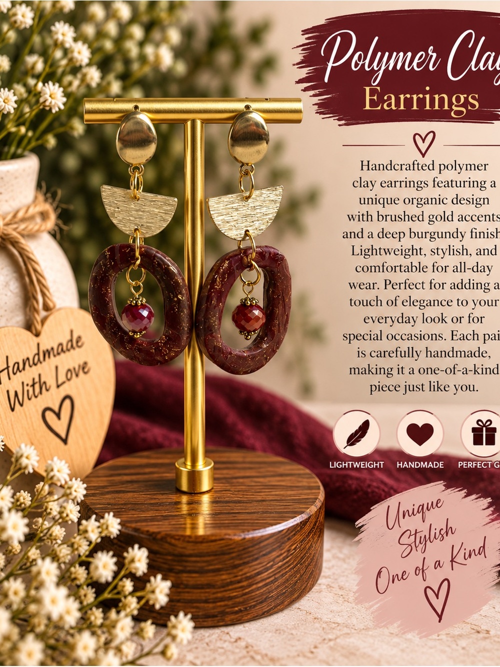 Handmade Burgundy Polymer Clay Hoop Earrings with Gold Accents